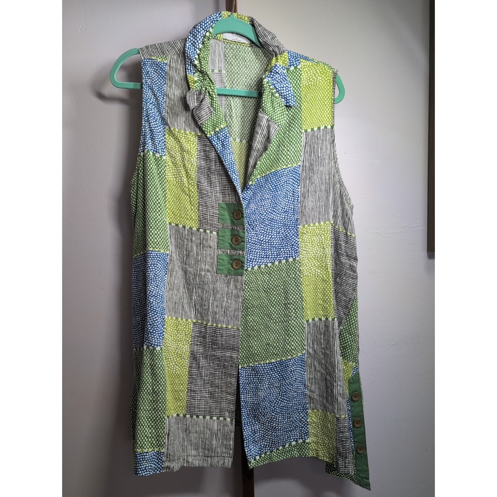 Terra Patch‎ Work Sleeveless Tunic Shirt Gillet Convertible Collar Gray Green L